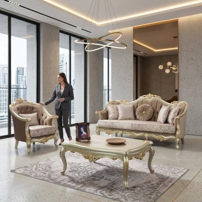 Fabric sofa, upholstered sofa, suite, sofa suite, beige Chesterfield set.