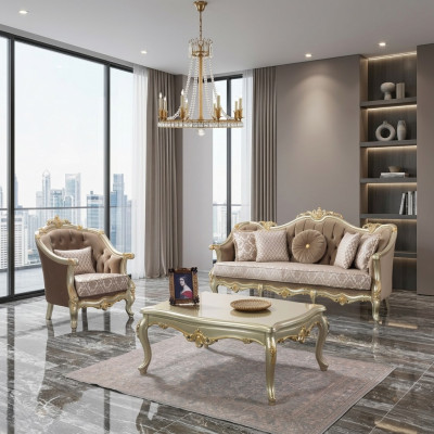 Fabric sofa, upholstered sofa, suite, sofa suite, beige Chesterfield set.
