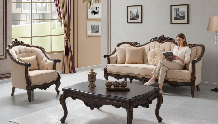 Chesterfield Upholstered Sofa Set Upholstery Fabric Sofa Beige Set
