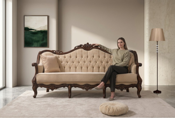 Three-seater sofa, 3-seater fabric sofa, upholstered sofa, beige fabric Chesterfield, 235cm