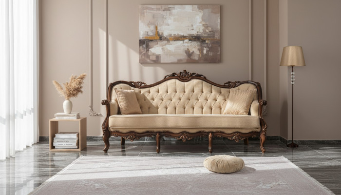 Three-seater sofa, 3-seater fabric sofa, upholstered sofa, beige fabric Chesterfield, 235cm