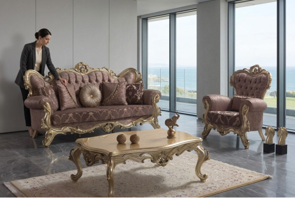 Upholstered Sofa Set Sofa Couch Purple Fabric Sofa Chesterfield Set 3+1
