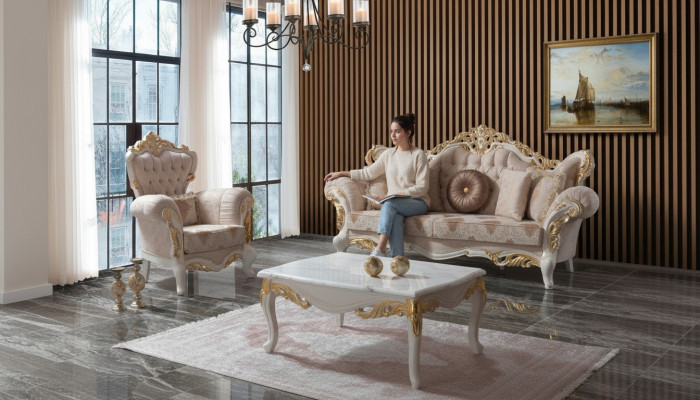 Luxury Sofa Set Complete Couch Set Beige Upholstered Sofa Fabric Sofa Sofa