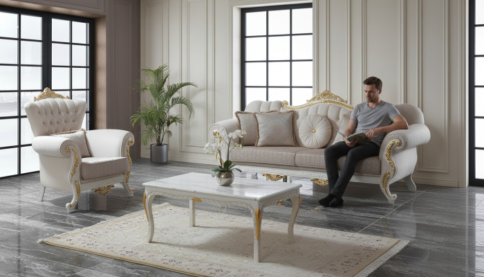 Suite sofa upholstered sofa Chesterfield sofa set fabric sofa beige sofas