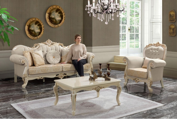 Luxury Sofa Set Complete Couch Set Beige Upholstered Sofa Fabric Sofa