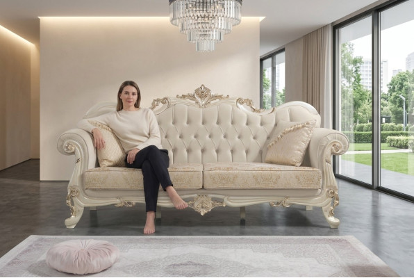 Three-seater sofa, 3-seat fabric sofa, upholstered sofa, beige fabric Chesterfield.