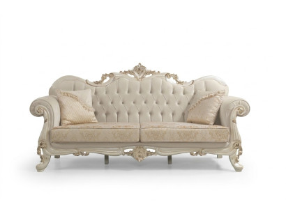 Three-seater sofa, 3-seat fabric sofa, upholstered sofa, beige fabric Chesterfield.