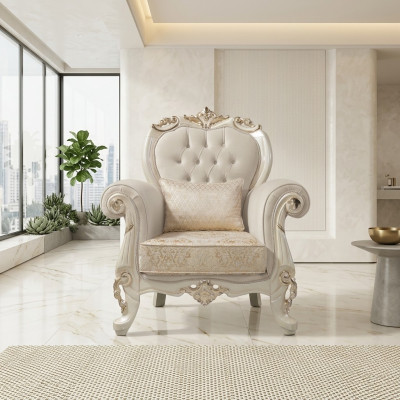 Single-seater armchair wingback armchair fabric beige polyester wood baroque