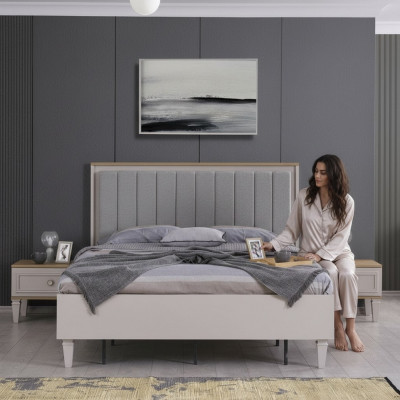 Double Bed Bedroom Suite Bed Nightstands Gray Wood Set 3-Piece