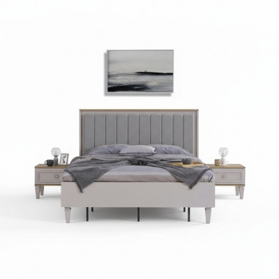 Double Bed Bedroom Suite Bed Nightstands Gray Wood Set 3-Piece