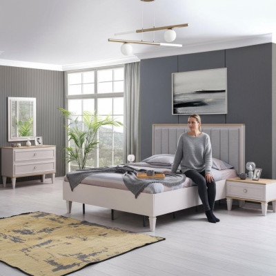 Modern bedroom set double bed bed nightstands gray wood set 5-piece