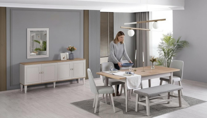 Dining set, dining room furniture, 8-piece set, dining room, dining table, chairs, wood, gray