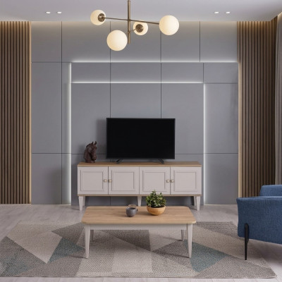 Living room suite TV stand coffee table wood gray RTV lowboard set