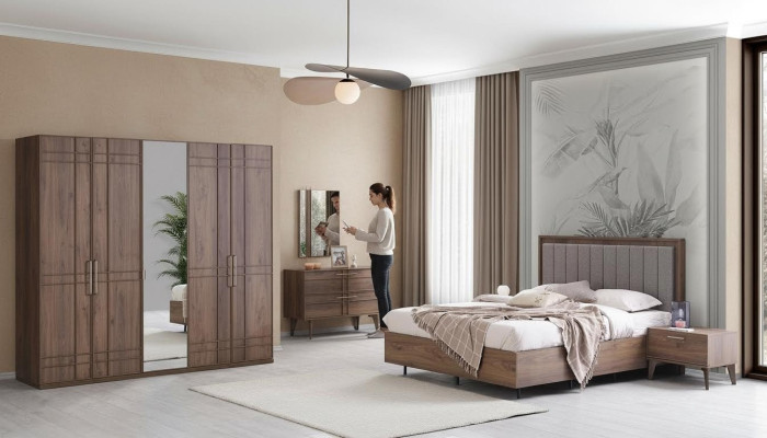Complete bedroom furniture double bed wood 6-piece bedroom brown