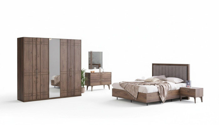 Complete bedroom furniture double bed wood 6-piece bedroom brown