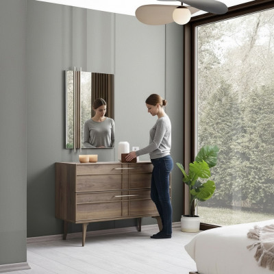 Dresser with Mirror Bedroom Console Wood Brown Set 2pcs Modern