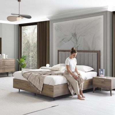 Bedroom set double bed bedside tables brown wood 3-piece set