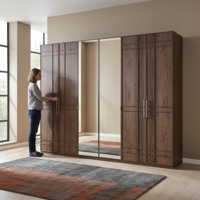 Wardrobe Bedroom Closet Brown Wood Mirror 6 Doors