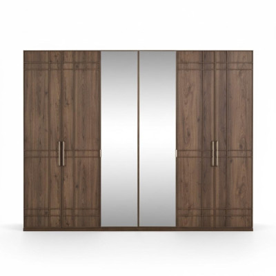 Wardrobe Bedroom Closet Brown Wood Mirror 6 Doors