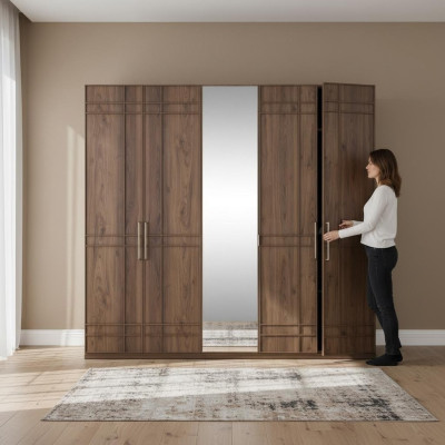 Wardrobe Closet Bedroom Wardrobe Brown Wood Mirror 5 Doors