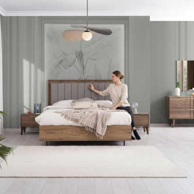 Complete double bed wooden set, 5-piece bedroom, brown, modern bed