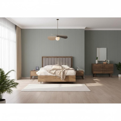 Complete double bed wooden set, 5-piece bedroom, brown, modern bed