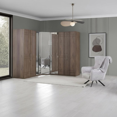 Corner wardrobe closet cabinet brown wood mirror 7 doors large