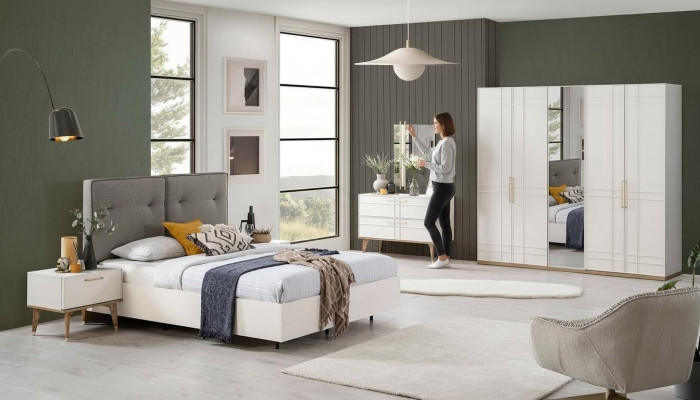 Group Double Bed Complete Bed Bedroom Furniture Wood 6-Piece Set White