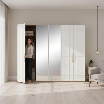 Cabinets Wardrobes Wardrobe White Wood Mirror 6 Doors New
