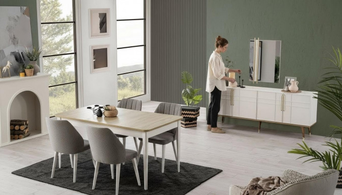 Dining set, dining room furniture set 9-piece, dining room, dining table, chairs, wood, white