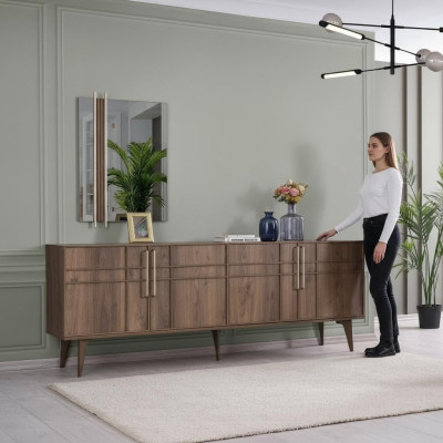 Sideboard set with mirror, wooden dresser, brown, dining room