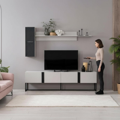 TV stand set cabinet RTV lowboard living room shelves white wood