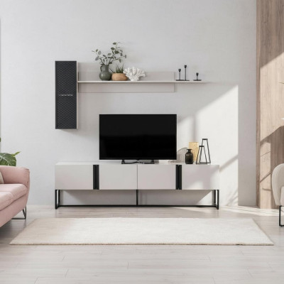 TV stand set cabinet RTV lowboard living room shelves white wood