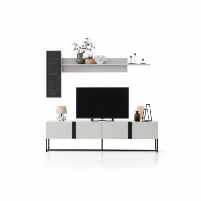 TV stand set cabinet RTV lowboard living room shelves white wood