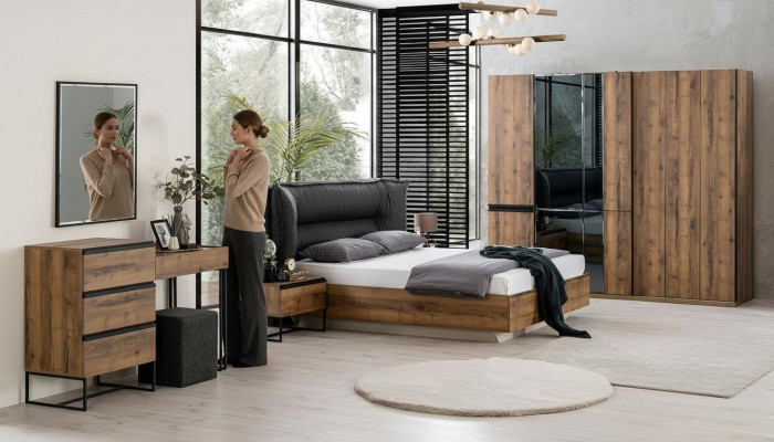 Luxury bedroom ensemble double bed wooden set 7-piece brown modern