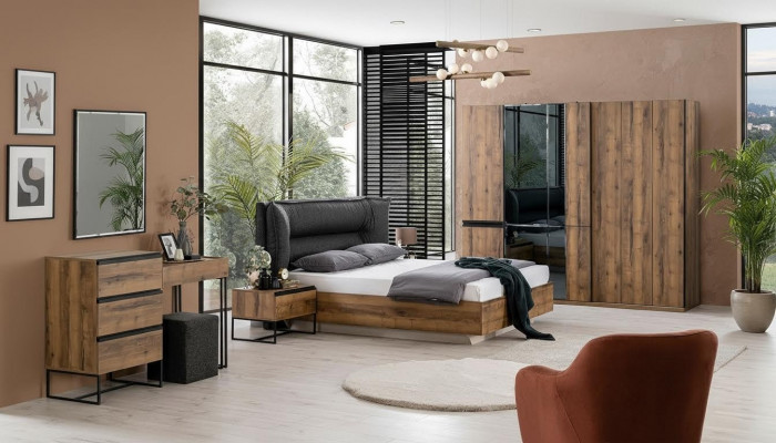 Luxury bedroom ensemble double bed wooden set 7-piece brown modern