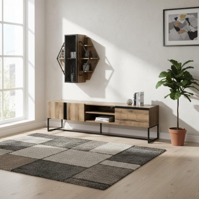 Group TV stand cabinet RTV lowboard living room shelves brown wood