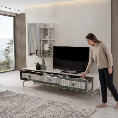Lowboard Sideboard TV Stand Cabinet RTV Living Room White Wooden Shelves
