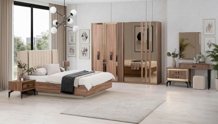 Luxury Double Bed Bedroom Suite Bed Wood Set 7-piece Brown Modern