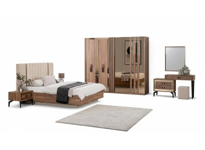 Luxury Double Bed Bedroom Suite Bed Wood Set 7-piece Brown Modern