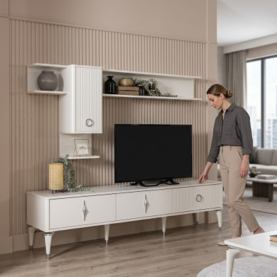 Complete TV Stand Cabinet RTV Lowboard Living Room Shelves White Wood