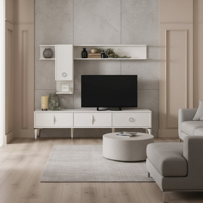 Complete TV Stand Cabinet RTV Lowboard Living Room Shelves White Wood