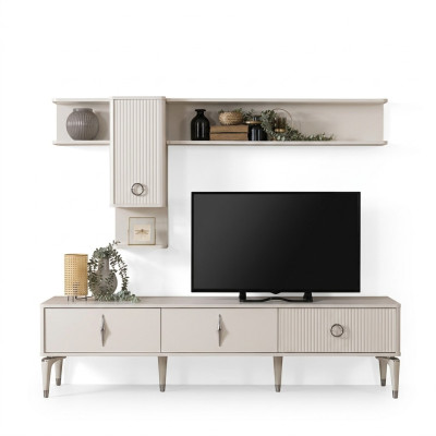 Complete TV Stand Cabinet RTV Lowboard Living Room Shelves White Wood