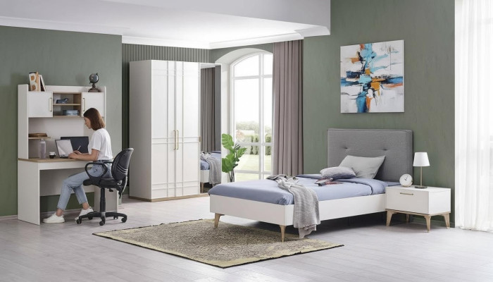 Children's Room Set Children's Bed Youth Bed Bed Set 4-Piece White Wood