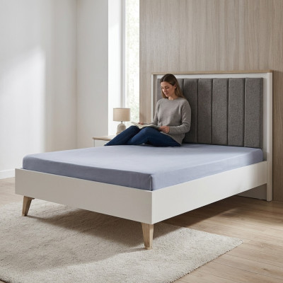 Bed frame children's room children's bed 100 cm youth bed wood gray fabric