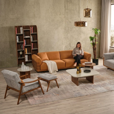 Sofa Set Complete Upholstered Sofa Brown Three-Seater Armchair Modern 3-Piece Set