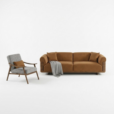 Sofa Set Complete Upholstered Sofa Brown Three-Seater Armchair Modern 3-Piece Set