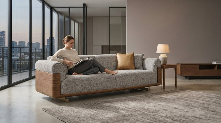 Three-seater sofa 3-seater upholstered sofa gray fabric polyester couch modern