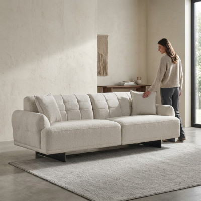 Three-seater sofa, 3-seater upholstered sofa, fabric polyester couch, modern white.