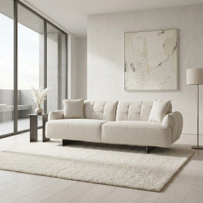 Three-seater sofa, 3-seater upholstered sofa, fabric polyester couch, modern white.